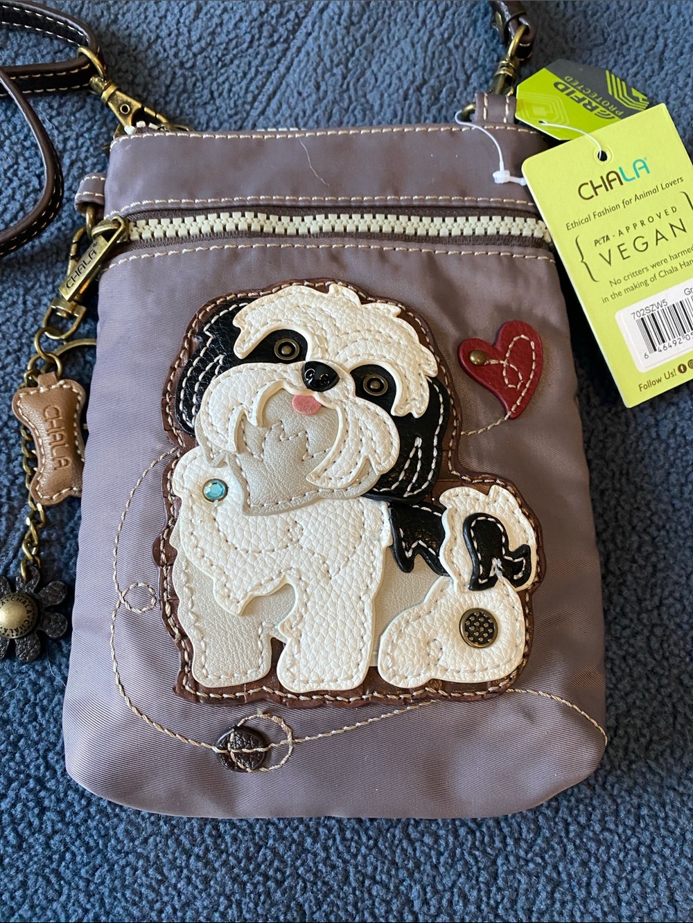 Chala Grey Crossbody Bag with Shitzu Applique and Heart